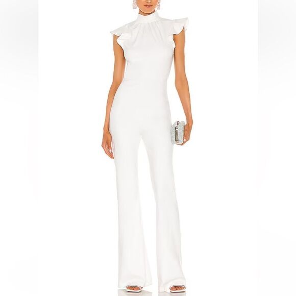Amanda Uprichard Pants - Amanda Uprichard X REVOLVE Davina Jumpsuit in Optic White Ruffled bell bottom S